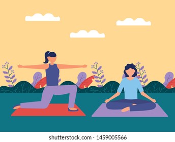 women doing yoga outdoor plants nature vector illustration