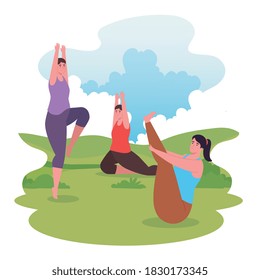 women doing yoga at park design, Outdoor activity and season theme Vector illustration