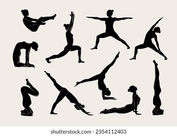 Women doing Yoga, Pilates set. Slim girl doing yoga. Hand drawn black silhouettes Vector illustration. Warrior pose, boat pose, downward facing dog pose. Health care and lifestyle concept. Female yoga svg