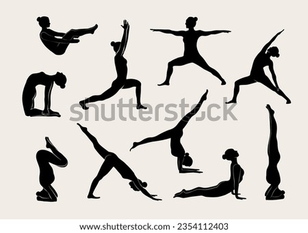 Women doing Yoga, Pilates set. Slim girl doing yoga. Hand drawn black silhouettes Vector illustration. Warrior pose, boat pose, downward facing dog pose. Health care and lifestyle concept. Female yoga