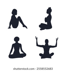 Women doing Yoga, Pilates. Slim girl doing yoga. Hand drawn black silhouettes Set Vector illustration.