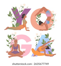 Women doing yoga poses. Yoga word with flowers and girls. Flat illustration.