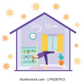 Una mujer haciendo yoga, quédate en casa. Ejercicios de salud, postura, relajación, meditación, concentración. Enfermedad del virus de Corona, atención de la salud y seguridad. Ilustración vectorial de estilo plano.