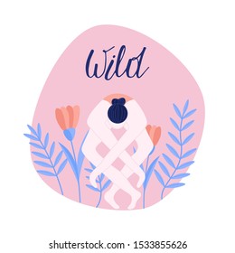 The women is doing yoga. Wild lettering. Sport concept. Flat vector illustration.