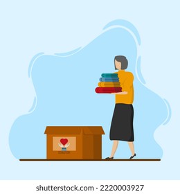 Women Donate Clothes. Clothing Donation. Cardboard Box. Concept Of Volunteer And Social Care. Support For The Poor. International Charity Day. Vector Illustration In Cartoon Style.