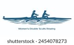 Women Double Sculls Rowing. Two sportswomen with oars in shells, Light ripples on the water in a separate layer. Vector illustration.