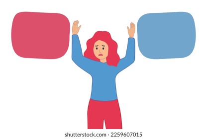  las mujeres dudan, resuelven problemas, eligen entre dos alternativas. Concepto de dilema. Ilustración vectorial plana aislada en blanco