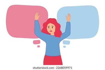  women doubting, solving problems, choosing between two alternatives. Dilemma concept. Flat vector illustration isolated on white