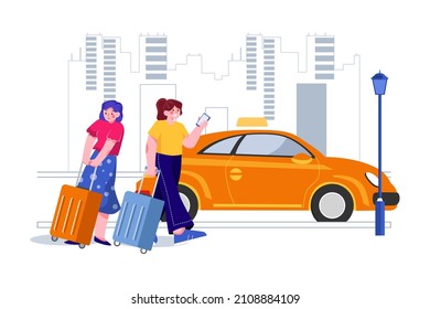 Women are dragging their luggage in a smartphone standing near the car