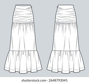 Mulheres Drapeado Maxi saia Ilustração de moda técnica. Boho saia moda modelo de desenho técnico plano, em camadas, zíper traseiro, vista frontal, vista traseira, branco, mulheres CAD mockup.