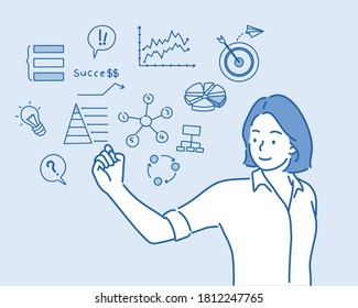 Women drawing her  business project. Hand drawn style vector design illustrations.