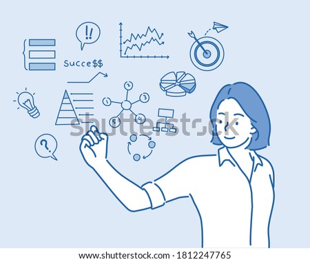 Women drawing her  business project. Hand drawn style vector design illustrations.