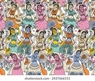 Mujeres dibujadas en estilo Madhubani Kalamkari para impresión textil