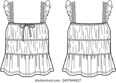 Damenfront, Ruffeltrimm, Reißverschluss, Rillengurt, Räuchertop, Bluse-Mode-Vektorgrafik	