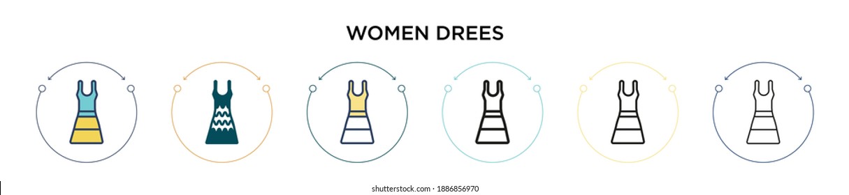Women drees icon in filled, thin line, outline and stroke style. Vector illustration of two colored and black women drees vector icons designs can be used for mobile, ui, web