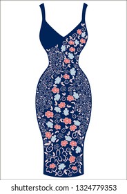 Women dress. Beautiful dress for woman  with a decorative flowers  pattern. Abstract pink flowers on a blue background brush hand-painted