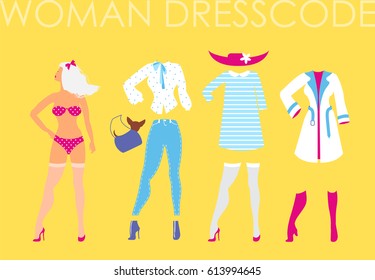Women dress code romantic style illustration on yellow background. Woman in underwear with set of different clothes blouse, jeans, handbag, dress, hat, stockings, raincoat