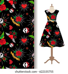 Women dress fabric pattern design with funny old school tattoo. Vector illustration