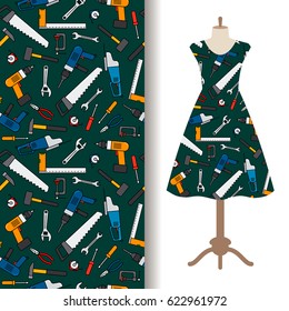 Women dress fabric pattern design with construction tools. Vector illustration