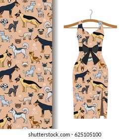 Women dress fabric pattern design on a hanger with dogs and cats. Vector illustration
