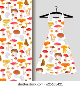 Women dress fabric pattern design on a hanger with mushrooms. Vector illustration