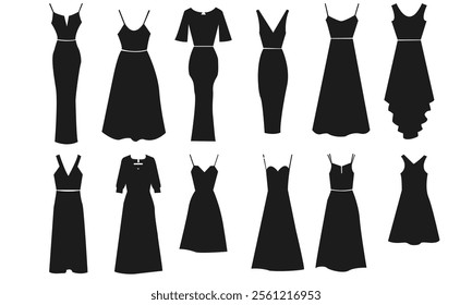 Women dress icon. Black dress icons, Female fashion concept. Fashion and Shopping icon, Vintage dresses silhouette template designs, frog vector, wedding