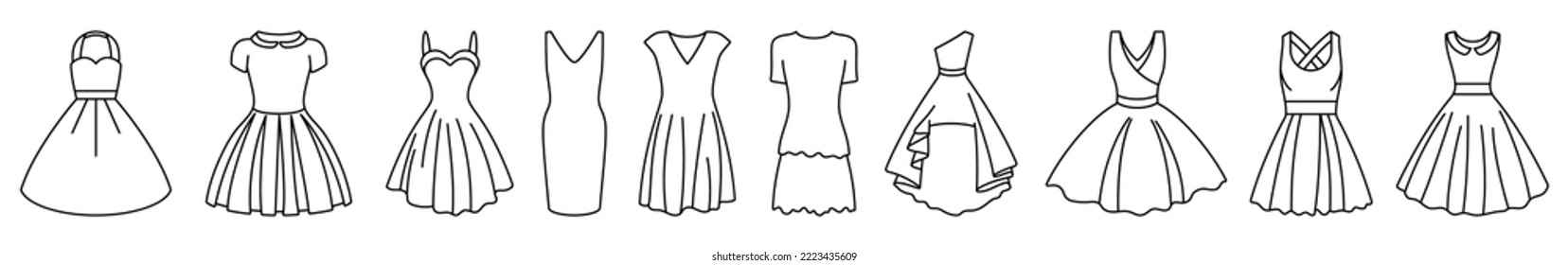 Women dress icon. Black linear dress icons set. Vector illustration. Female fashion concept