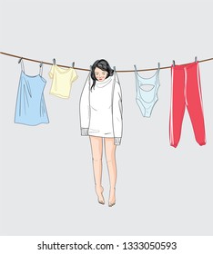 Women dress up in lifestyle style, wearing denim shirts in the outdoors.Doodle art concept,illustration painting