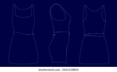 Women dress set contour. Blue line dress icons set. Female fashion concept. View front, side, back. Vector illustration.