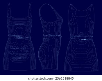 Women dress set contour. Blue line dress icons set. Female fashion concept. View front, side, back. Vector illustration.