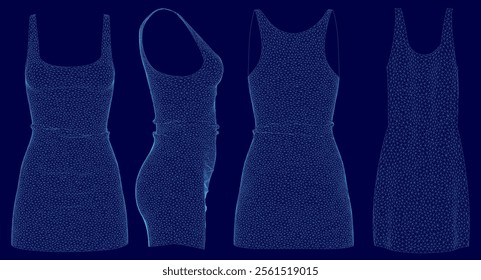 Women dress set wireframe. Blue line dress icons set. Female fashion concept. View front, side, back. Vector illustration.