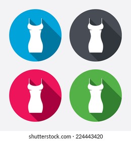 Women dress sign icon. Intimates and sleeps symbol. Circle buttons with long shadow. 4 icons set. Vector