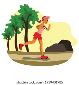 Women dressed in sports clothes and running around in the park. It’s really good for promoting morning jogging, active and healthy lifestyle. Vector illustration in cartoon style.