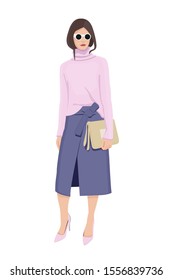 Women dressed in stylish trendy clothes, fashion girls, models wearing modern casual office style - dress, skirts, trouser suits, jackets vector female cartoon characters, vector illustration