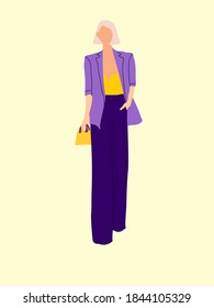 Women dressed in stylish trendy clothes, fashion girls, model wearing modern casual office style - trouser suit, jacket vector female cartoon characters, vector illustration
