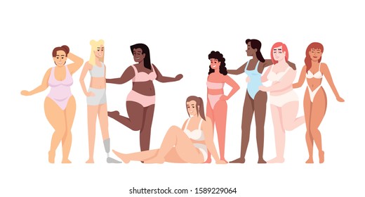 Women dressed in swimsuits flat vector illustration. Body positive. Struggle for equality and feminism. Smiling ladies of different nationalities isolated cartoon character on white background