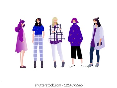 women dressed in trendy fashion clothes standing together. Group of friends or feminist activists. Female cartoon characters isolated on white background. Flat colored vector illustration