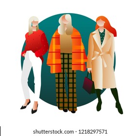 women dressed in trendy fashion clothes standing together. Group of friends, trendsetter, it girls, models. Female characters isolated on white background. vector illustration, print for t-shirt