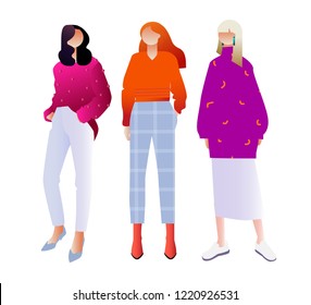 women dressed in trendy fashion clothes standing together. Group of friends, feminist activists. Female cartoon characters on white background.  Bright vector illustration. How to wear sweater