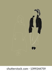 Women dressed in trendy fashion clothes. Hand drawn cool girl in hipster style. Female cartoon characters isolated on background. Design for beauty logo, magazine, print, postcard, poster