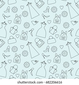 Women dresses, bags and shoes. Vector seamless pattern.