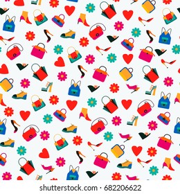 Women dresses, bags and shoes. Vector seamless pattern in bright colors.