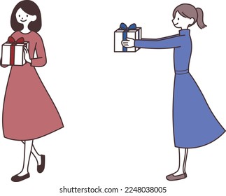 Women in dresses giving gifts.