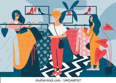 Women with Dresses in Hand in Clothing Store. Vector Illustration. Free Time. Development and Hobby. Rest from Work. Modern Hobby Shopping. Use Time Wisely. Women Choose Modern Dresses.