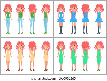 Women in dresses and jeans vector summer animated mode. Redhead pretty women in stylish outfits from all sides set. Girls in casual elegant clothes