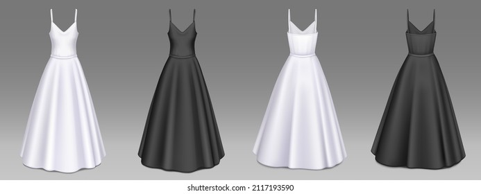 Women dresses mockup, white or black long gown templates, summer sleeveless sundresses with wide skirt, girls fashion collection mock up, female garment, apparel, Realistic 3d vector illustration, set