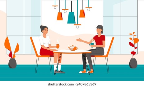 Women drink tea in cafe. Bright vector character interior design. Friend atmosphere. Edited figure. Full body in a room. Plants. Simple flat illustration in cartoon style for web graphic design