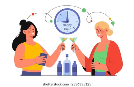 Mujeres bebiendo alcohol en hora feliz. Muchachas con gafas y bebida. El concepto de bebidas alcohólicas y cócteles. Anuncio de bar o cafetería. Dibujo vectorial plano de dibujos animados