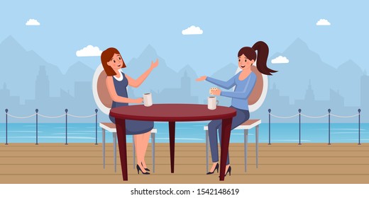 Women drinking coffee flat vector illustration. Elegant business ladies enjoying lunch break cartoon characters. Girlfriends meeting at quayside cafe, young female students discussing latest news