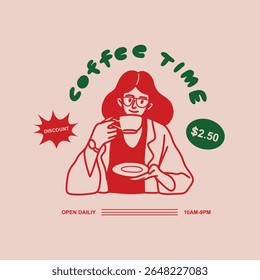 Women drinking coffee. Hand drawn style. Illustrations. Logo